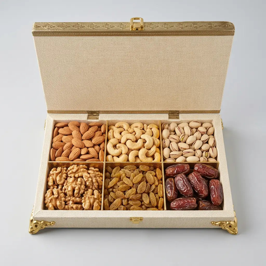 Open ivory jute-covered wooden box with six compartments displaying assorted dry fruits, shown for illustration only