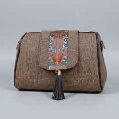 Close up of magnetic closure on a printed jacquard fabric crossbody bag