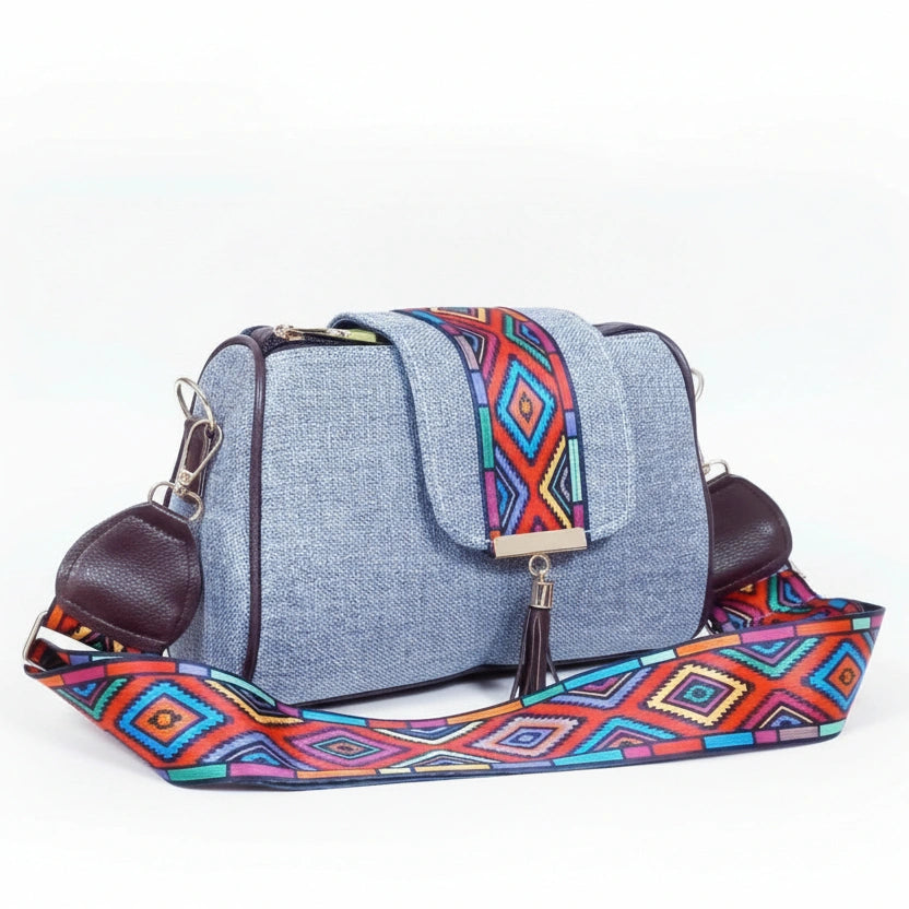 Premium jacquard woven bag featuring a stylish leather tassel and magnetic closure