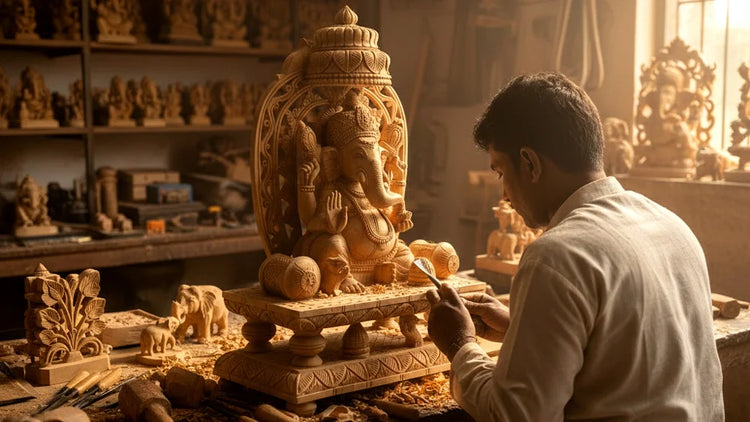 Intricately carved wooden handicraft from Jaipur manufacturer detailed artisan workmanship