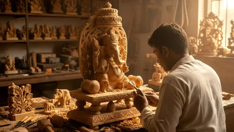 Intricately carved wooden handicraft from Jaipur manufacturer detailed artisan workmanship