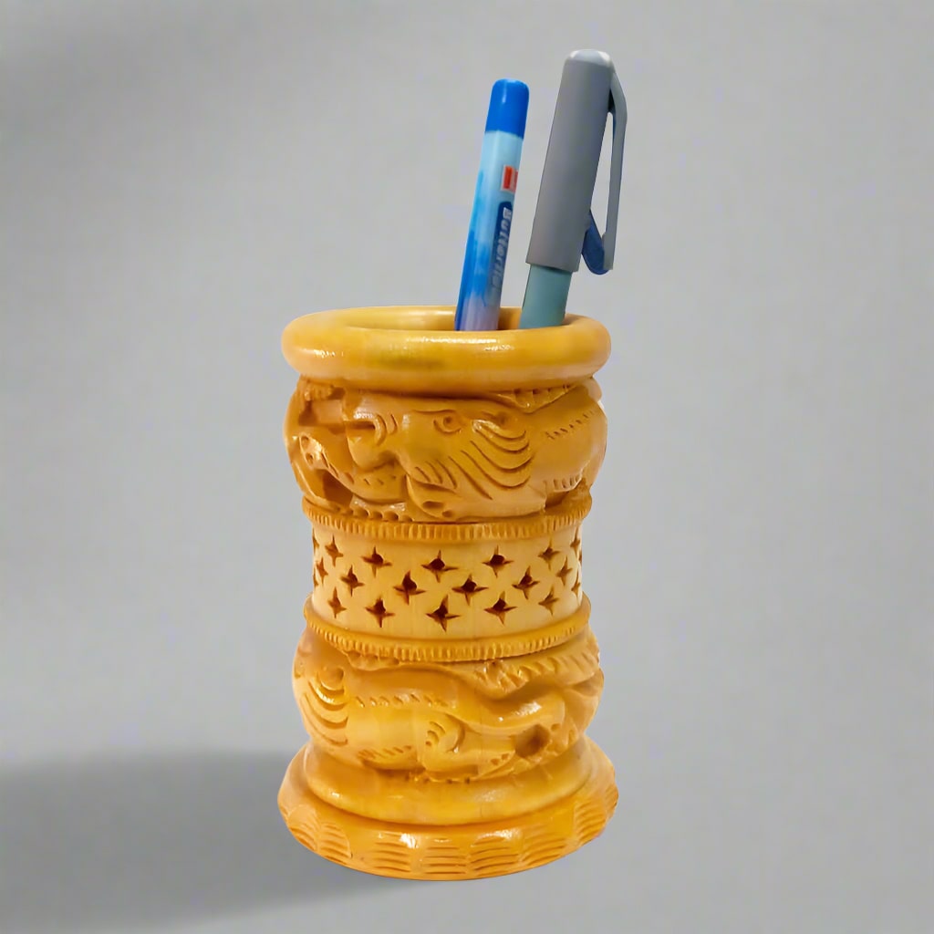 Handmade carved wooden pen stand Jaipur artisan desk organizer 10cm office storage handicraft