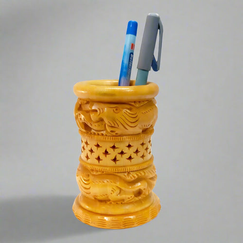 Handmade carved wooden pen stand Jaipur artisan desk organizer 10cm office storage handicraft