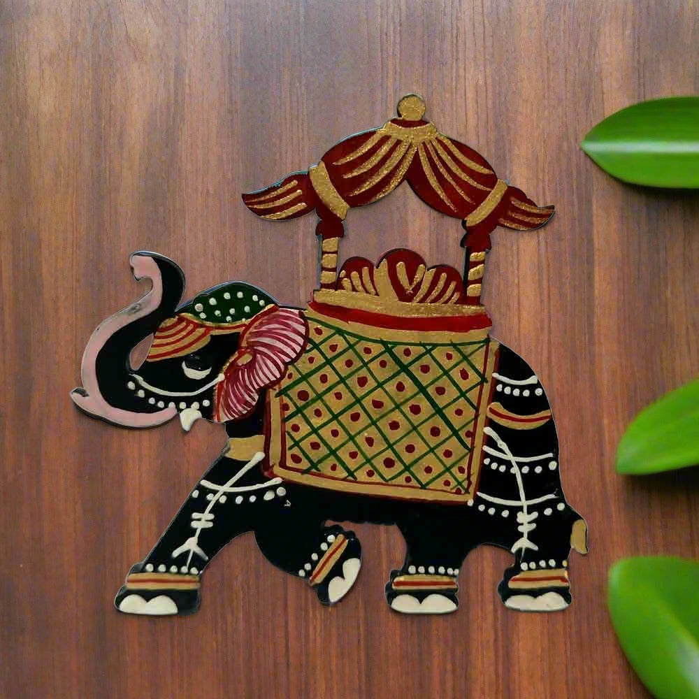 Decorative ethnic elephant magnet for fridge, handmade wooden piece