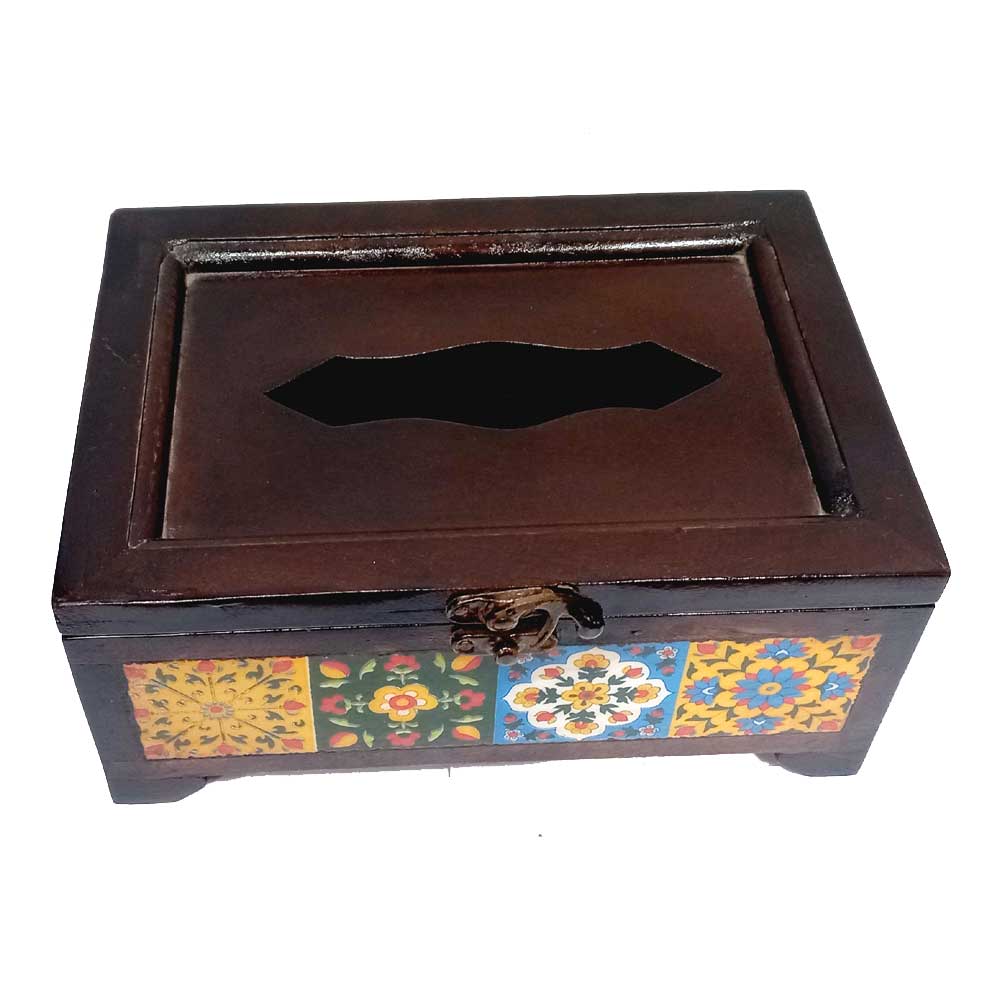 A hand-crafted Jaipuri blue pottery tissue box, perfect for a living room or tabletop decor.