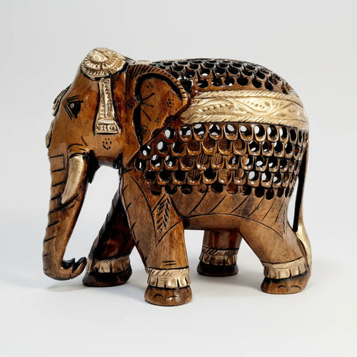 Handcrafted Kadam wood elephant statue with brown-gold oxidized painting