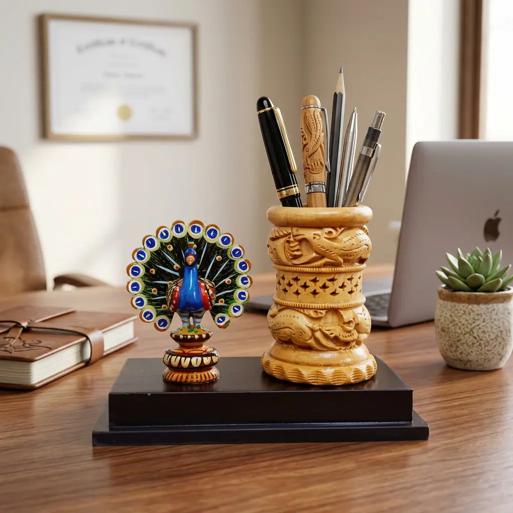 Carved kadamb wood pen holder with pens and a colourful dancing peacock on a black base beside a laptop