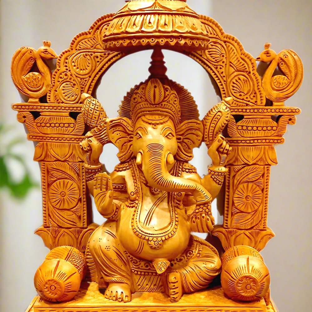 A Ganapati statue made of Kadamba wood, a handmade piece with a commendable texture and finish.