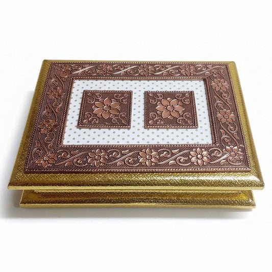 Luxury copper metal floral sheet on 9x7 wooden dry fruit box lid with golden border