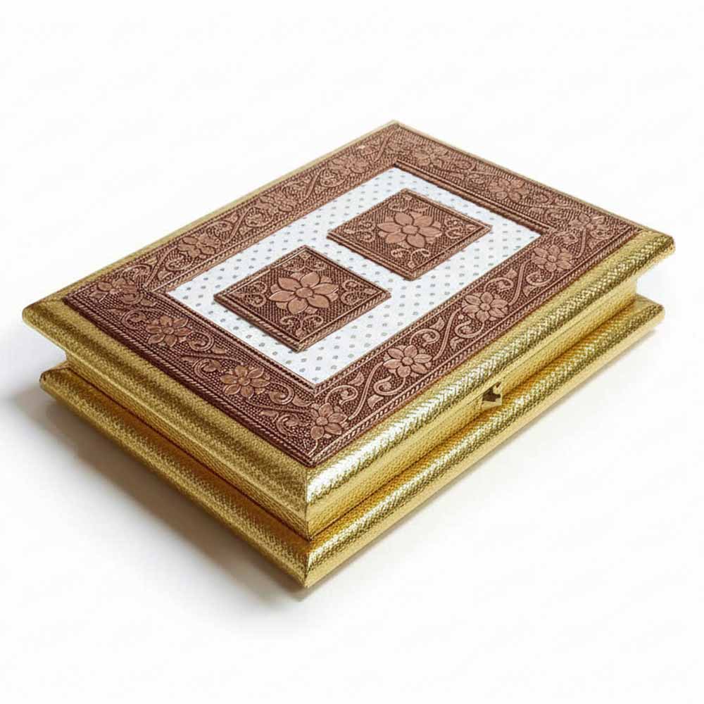 Side angle of 9x7 inch partitioned wooden dry fruit box for almonds cashews