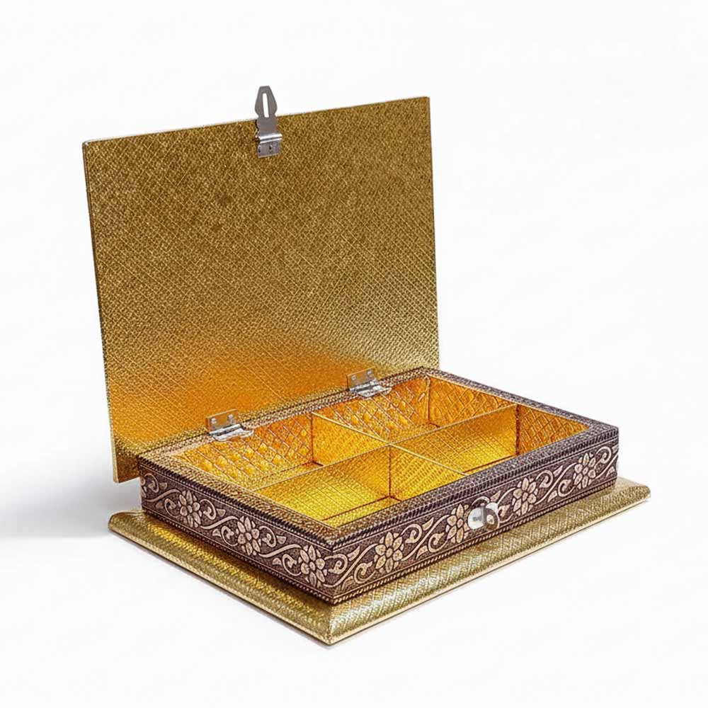 Elegant 9x7 inch copper floral wooden box as wedding return gift with golden accents