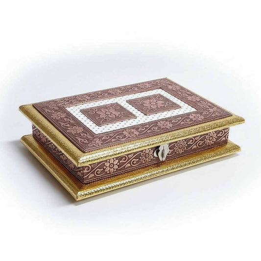 Handcrafted 9x7 inch wooden dry fruit box front view with 4 partitions open