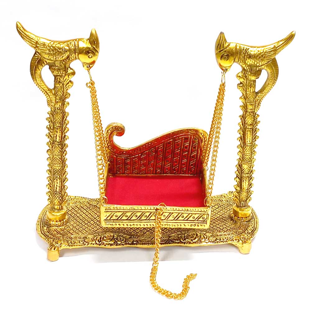 Krishna Jhula swing crafted in golden metal for Janmashtami puja and decor.