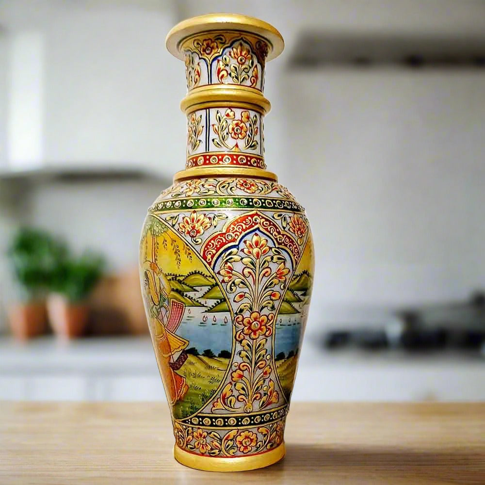 Traditional Radha Krishna painting on marble vase