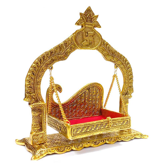 Laddu Gopal Jhula swing in golden polish with Kalash and Swastika design.