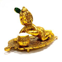 Laddu Gopal on leaf idol in golden polish, ideal for baby shower and gifting.