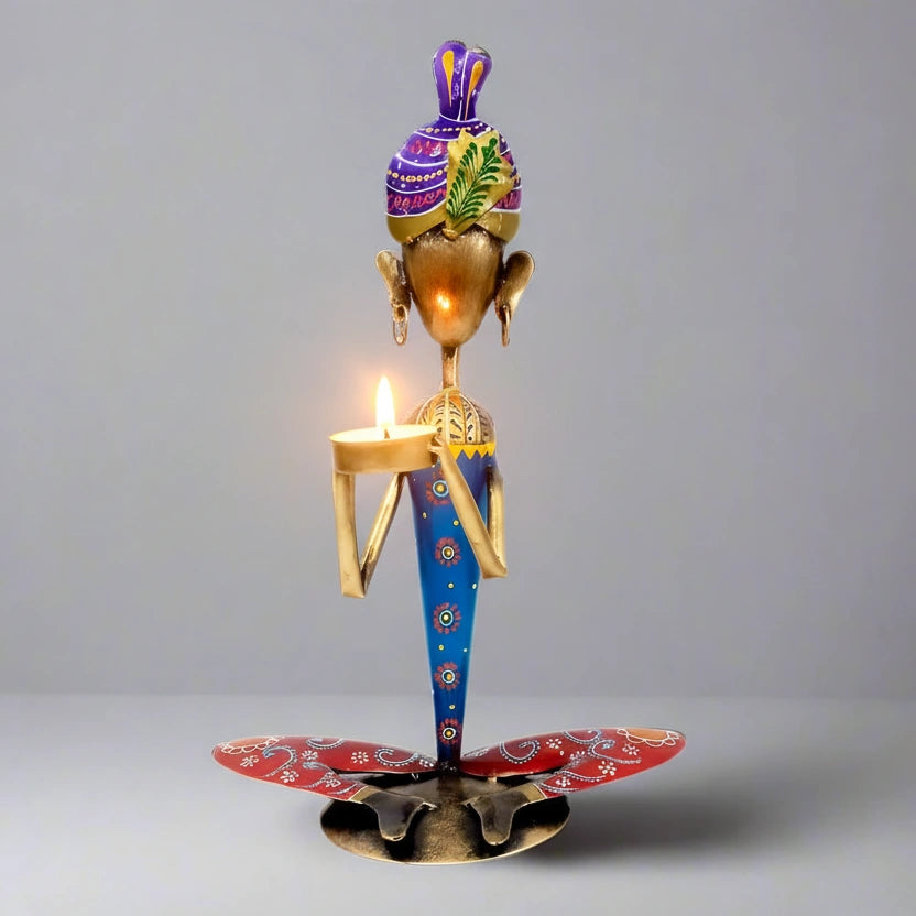 38cm tall handmade metal man figurine tea light candle holder with intricate hand painting.