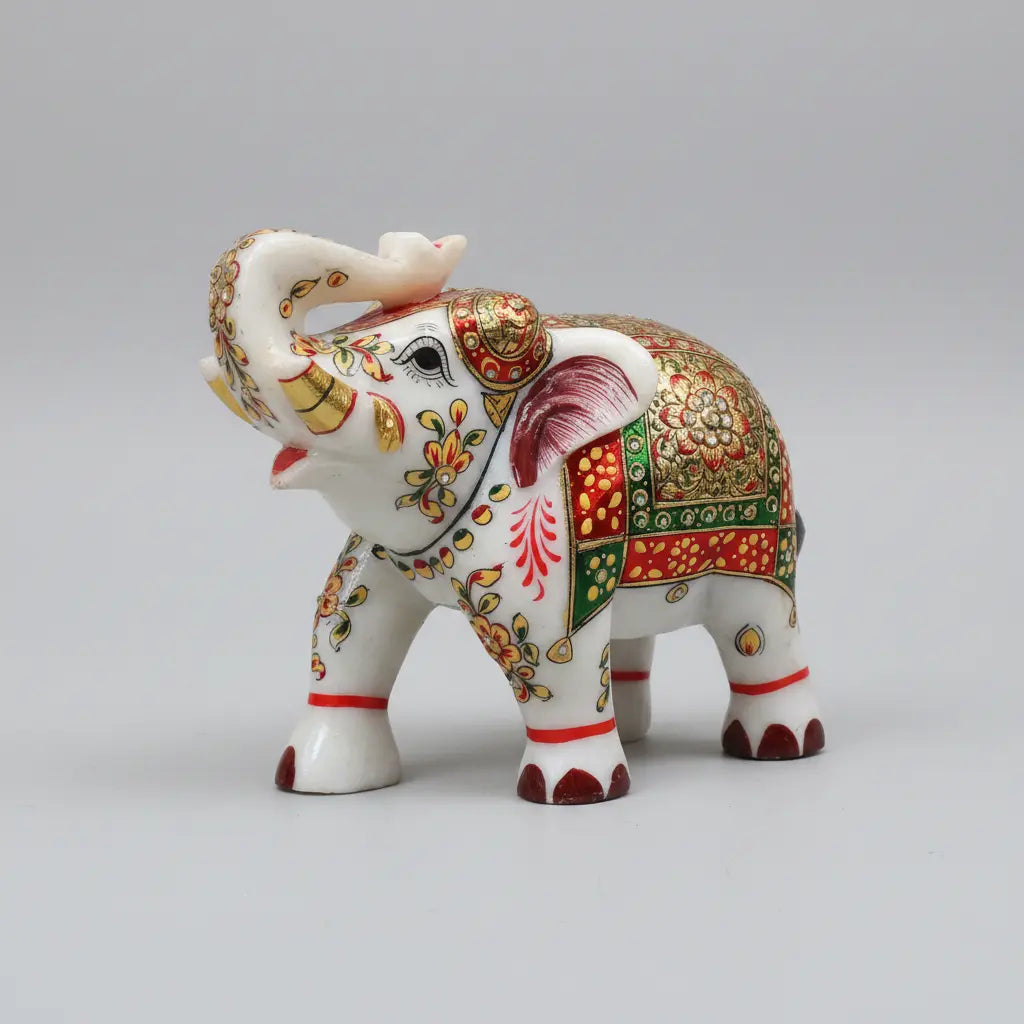 Large white marble elephant with trunk up — hand-painted Meenakari art lucky figurine Rajasthan
