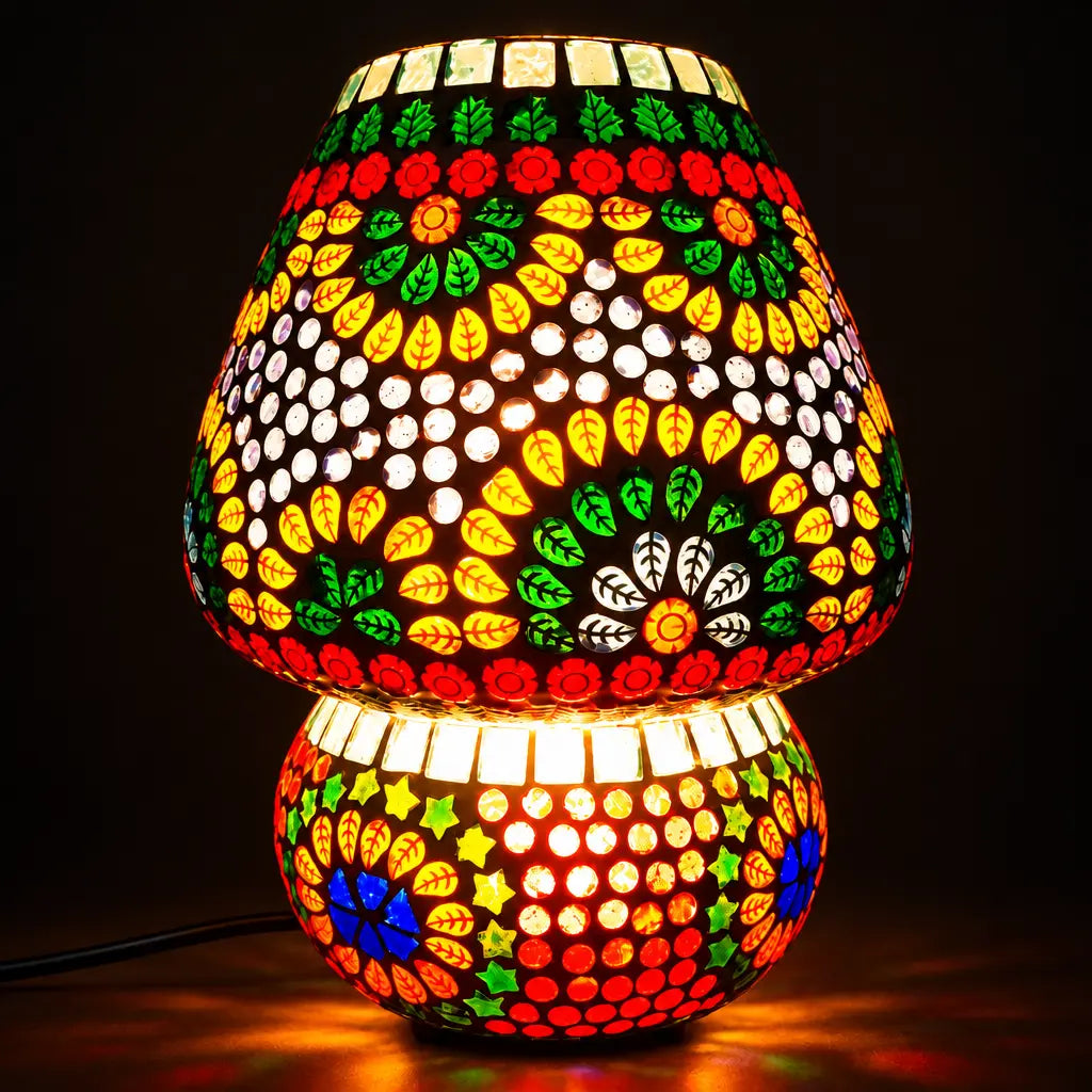 Illuminated mosaic glass table lamp with red flowers, green and yellow leaves, and a colourful rounded base