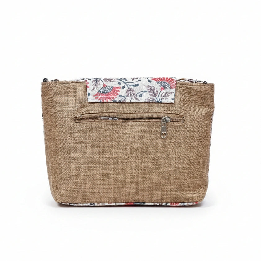 Close up of the light textured pastel floral fabric and golden button hardware