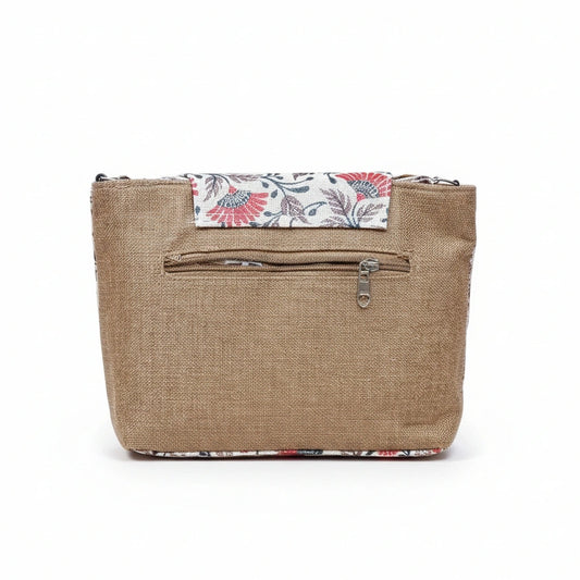 Close up of the light textured pastel floral fabric and golden button hardware