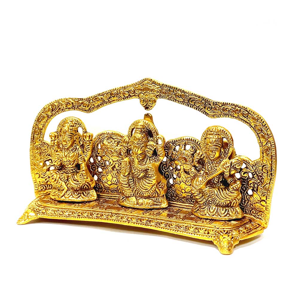 A long-lasting golden oxidized statue of Lakshmi and Ganesh with Saraswati, a perfect showpiece.