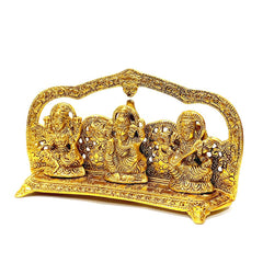 A long-lasting golden oxidized statue of Lakshmi and Ganesh with Saraswati, a perfect showpiece.
