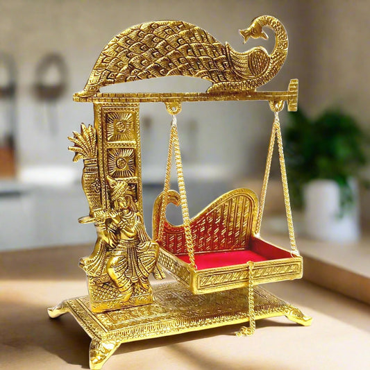 Lord Krishna Jhula swing featuring Krishna playing flute and peacock design.