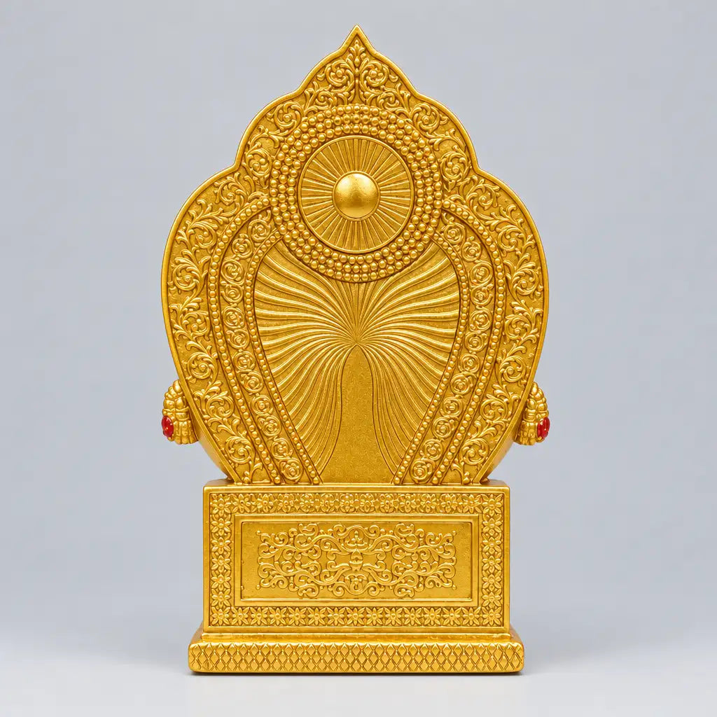 Back view of seated Lord Kuber statue showing the rear of the throne and decorative arch