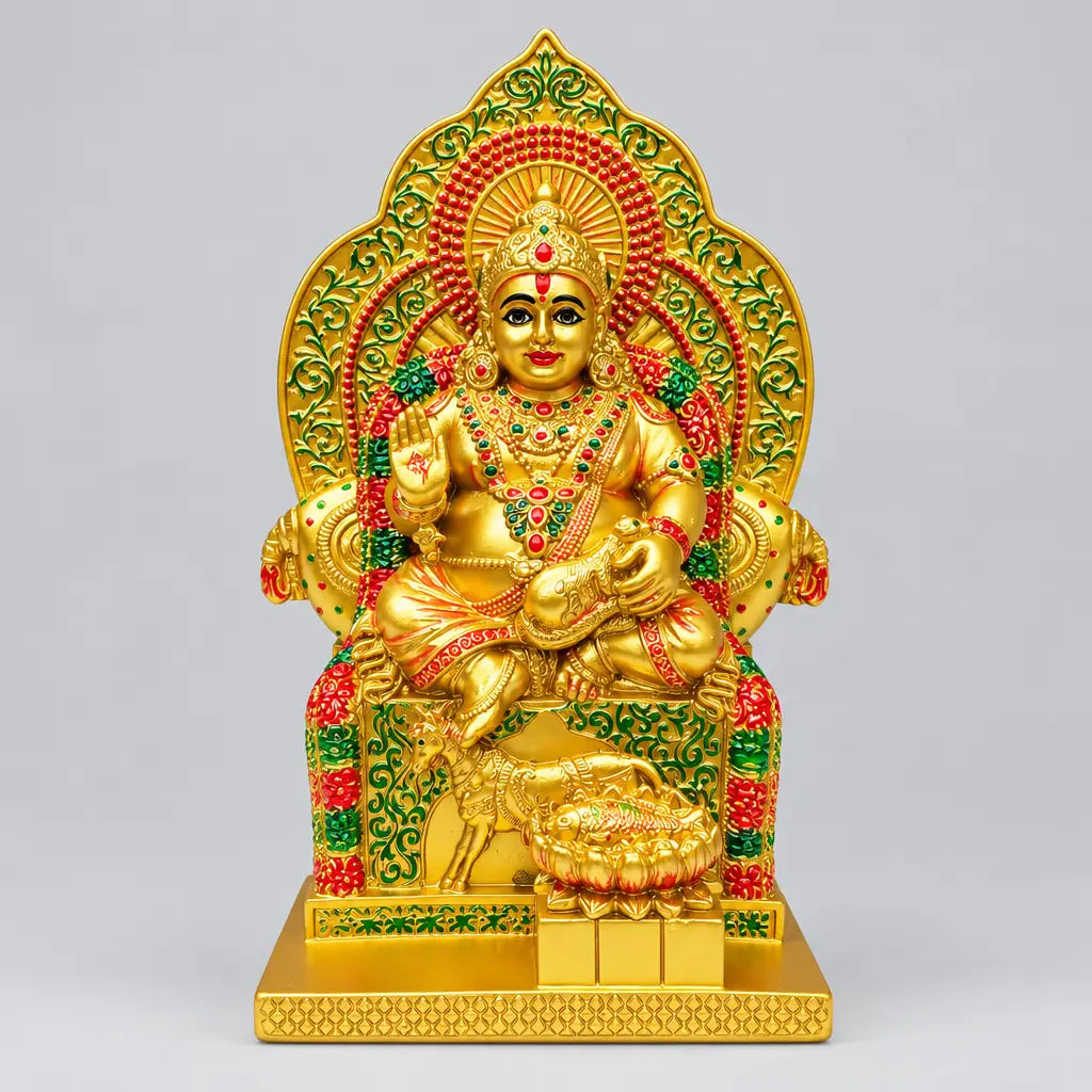 Seated Lord Kuber statue on an ornate throne, front view, with golden, red and green detailing