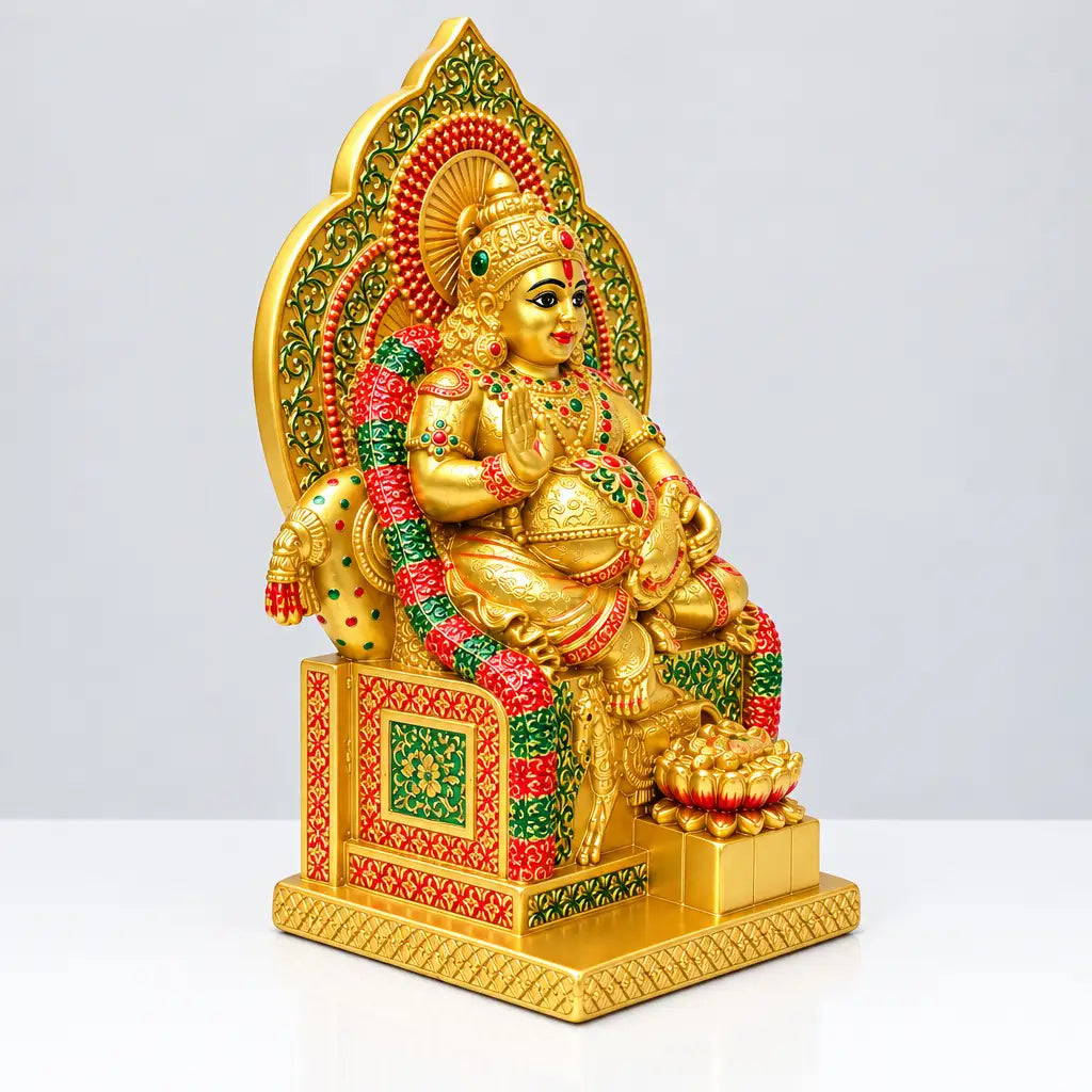 Lord Kuber statue viewed from the left, showing the decorated throne and wealth vessel