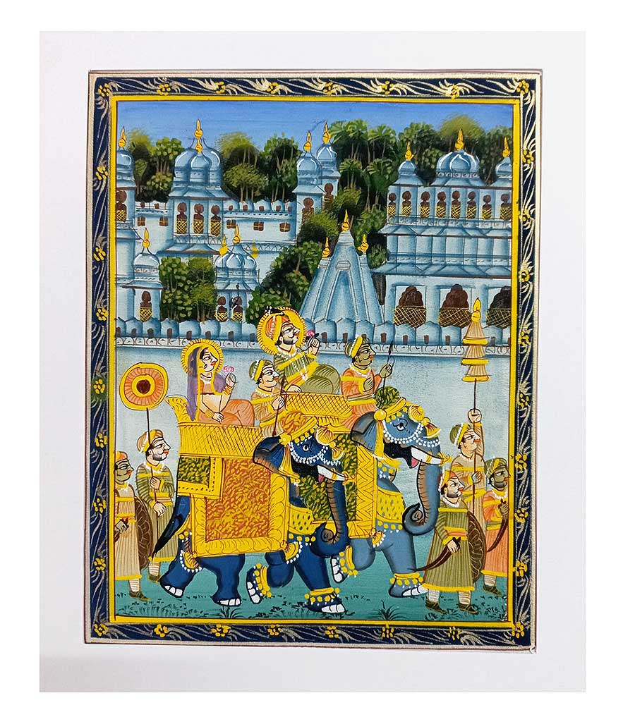 A luxurious hand-painted miniature painting on pure silk, depicting a scene from the Mughal period.
