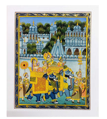 A luxurious hand-painted miniature painting on pure silk, depicting a scene from the Mughal period.