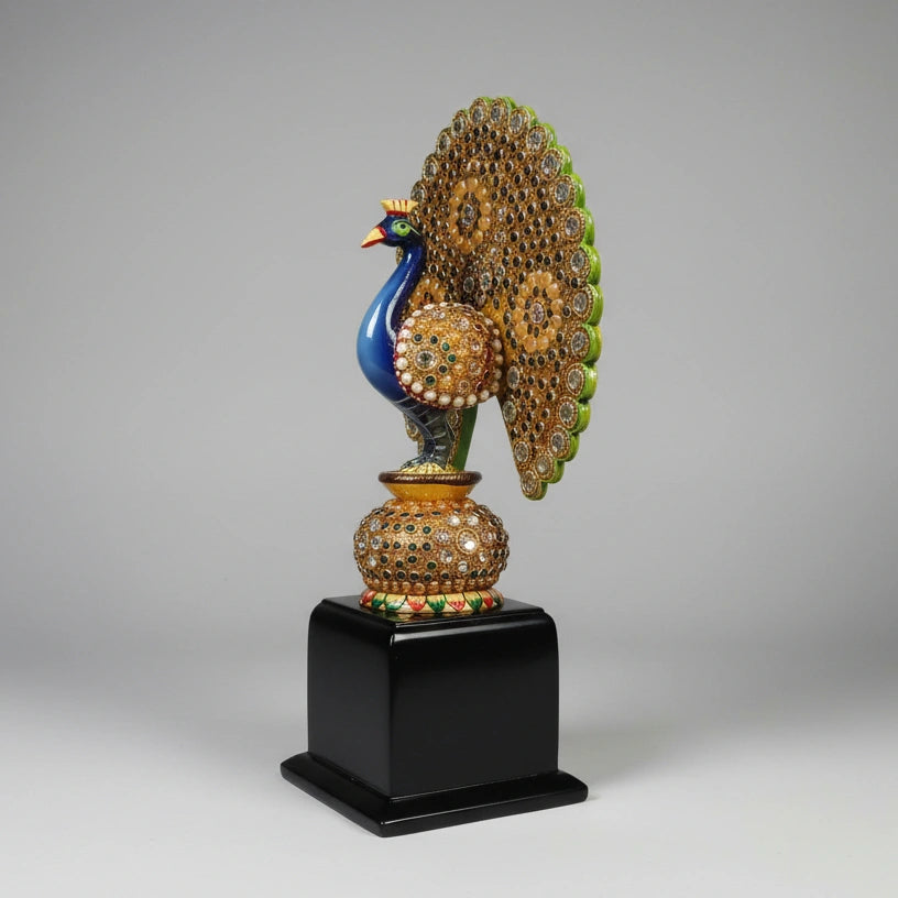 Close-up of a studded wooden dancing peacock, an ideal luxury souvenir for client gifting and seasonal festivals.