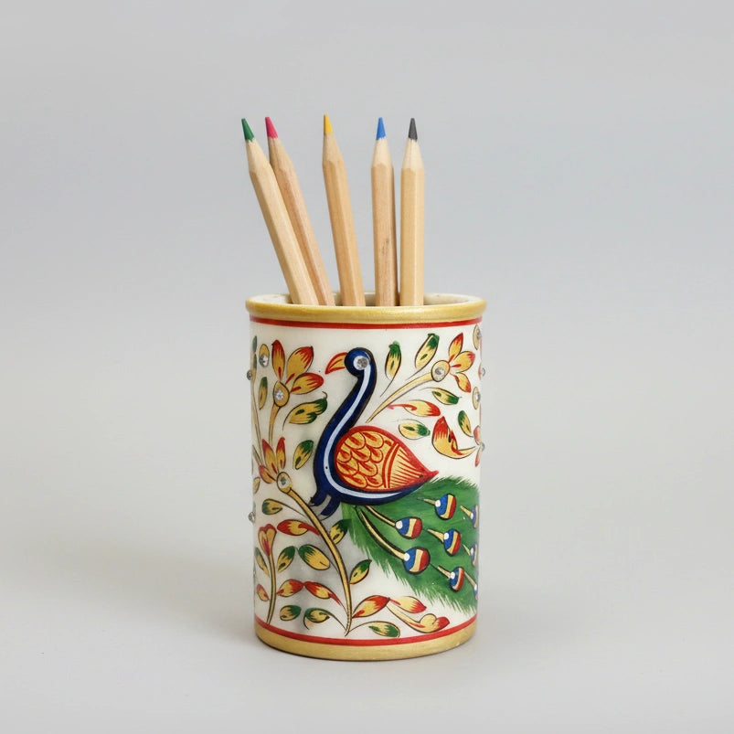 Hand-crafted 10x8cm marble pen stand featuring traditional Indian craftsmanship, ideal as a sophisticated housewarming or corporate gift.