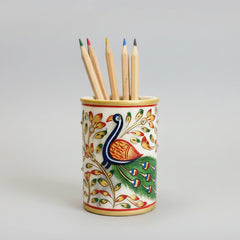 Hand-crafted 10x8cm marble pen stand featuring traditional Indian craftsmanship, ideal as a sophisticated housewarming or corporate gift.
