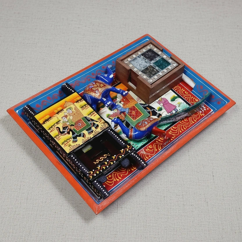 Complete Rajasthani luxury gift hamper displayed on a professional office desk showing scale and imperial elegance.