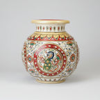 Sophisticated spherical marble decorative vase with a majestic peacock centerpiece and colorful hand-painted floral accents.