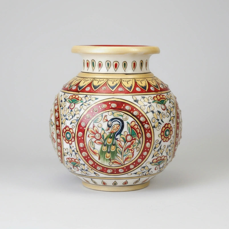 Sophisticated spherical marble decorative vase with a majestic peacock centerpiece and colorful hand-painted floral accents.