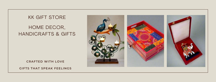 Vibrant showcase of intricately handcrafted Indian handicrafts—wooden idols, marble decor, and tabletop items—representing KK Gift Store’s artisanal collection.