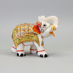 Hand-carved Makrana marble elephant statue in pure white with golden painting.