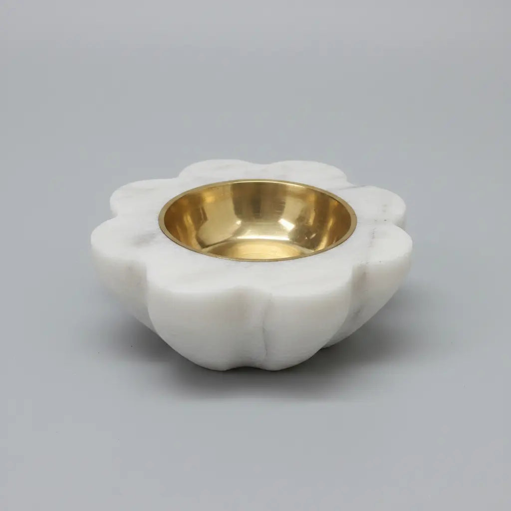 Handcrafted White Marble & Brass Candle Holder in Flower Petal Shape