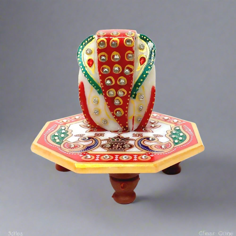 Marble Chowki Ganesh idol with hand painting, perfect for worship and gifting.