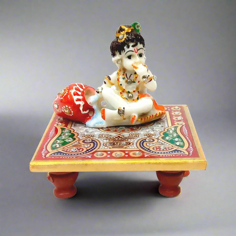 Marble Chowki Krishna idol with hand painting, perfect for worship and gifting.