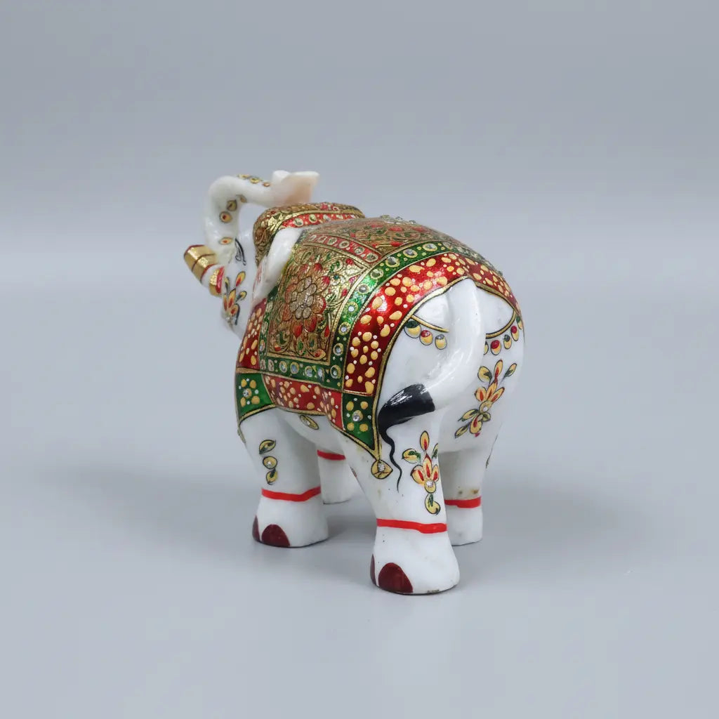 Side or back view of hand-painted marble elephant with Meenakari work — large 10 inch figurine