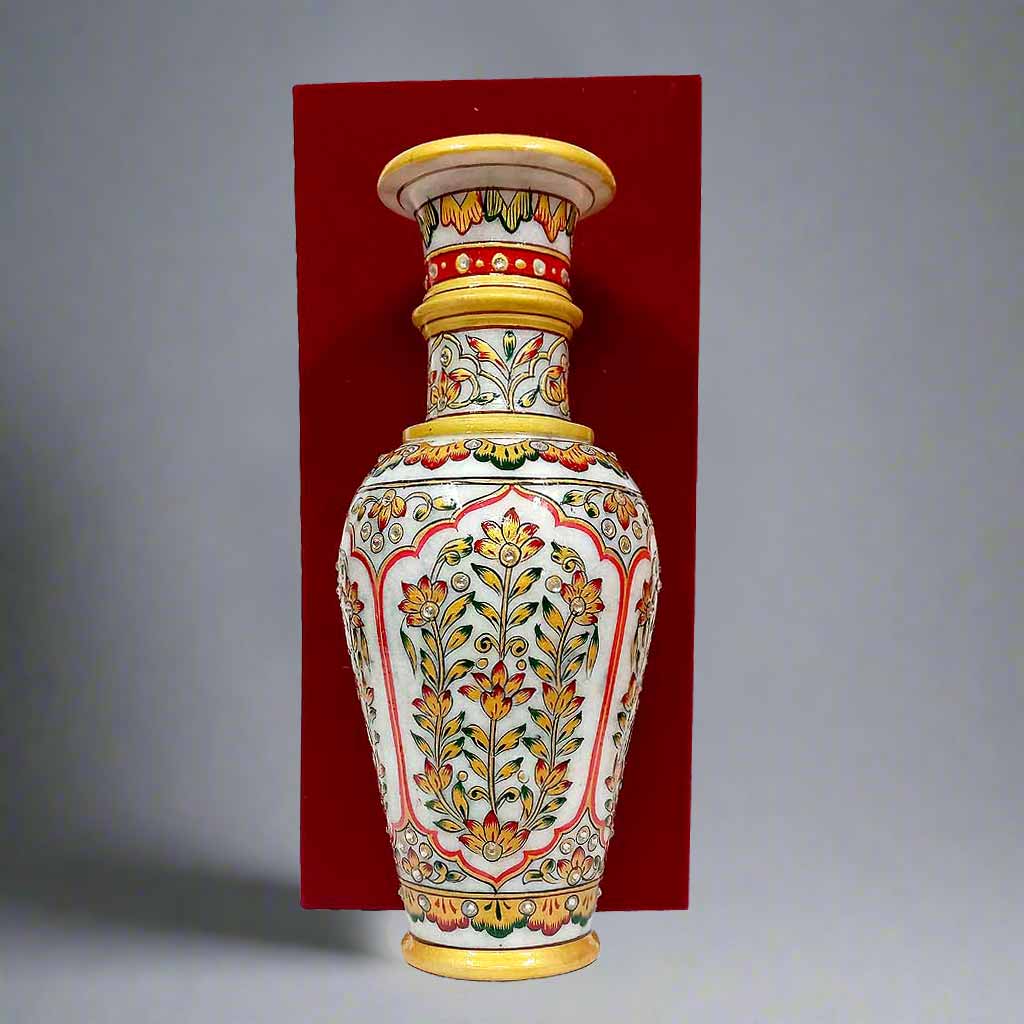 Elegant marble flower vase with intricate hand-painted design, presented in a luxurious velvet gift box.