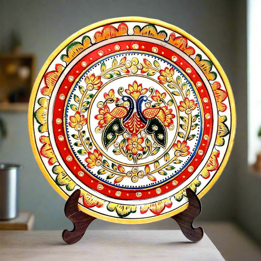 A hand-painted marble decorative plate with intricate details, including a wooden stand.