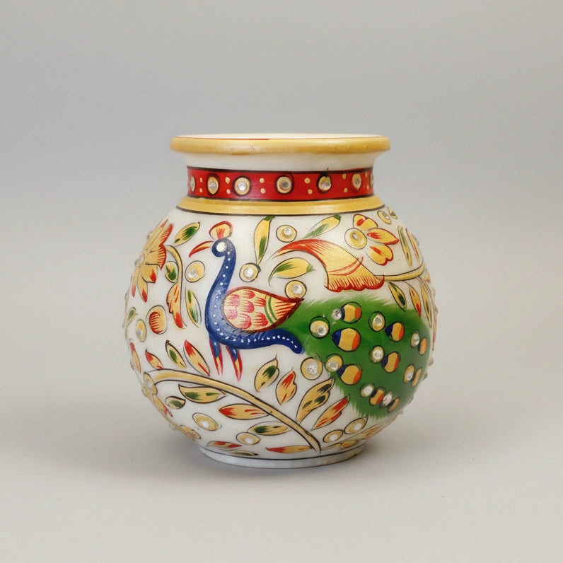 Traditional white marble holy water Kalash for Hindu rituals and home altars, symbolizing purity and divine presence.