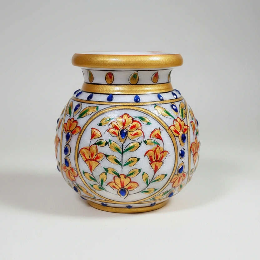 Pure marble pot used as holy water holder or flower vase, featuring emboss painting and blue stones.