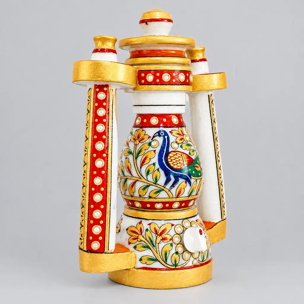 Side view of a marble lantern lamp with painted peacock and floral motifs, gold trim and a white light regulator